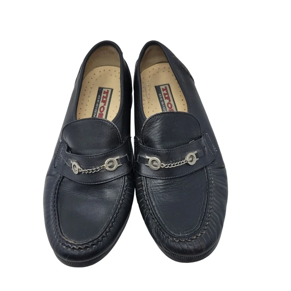 Womens Tifosi Design Black Leather Loafers Chain Detail 41‎ Wide Comfort Slip On
